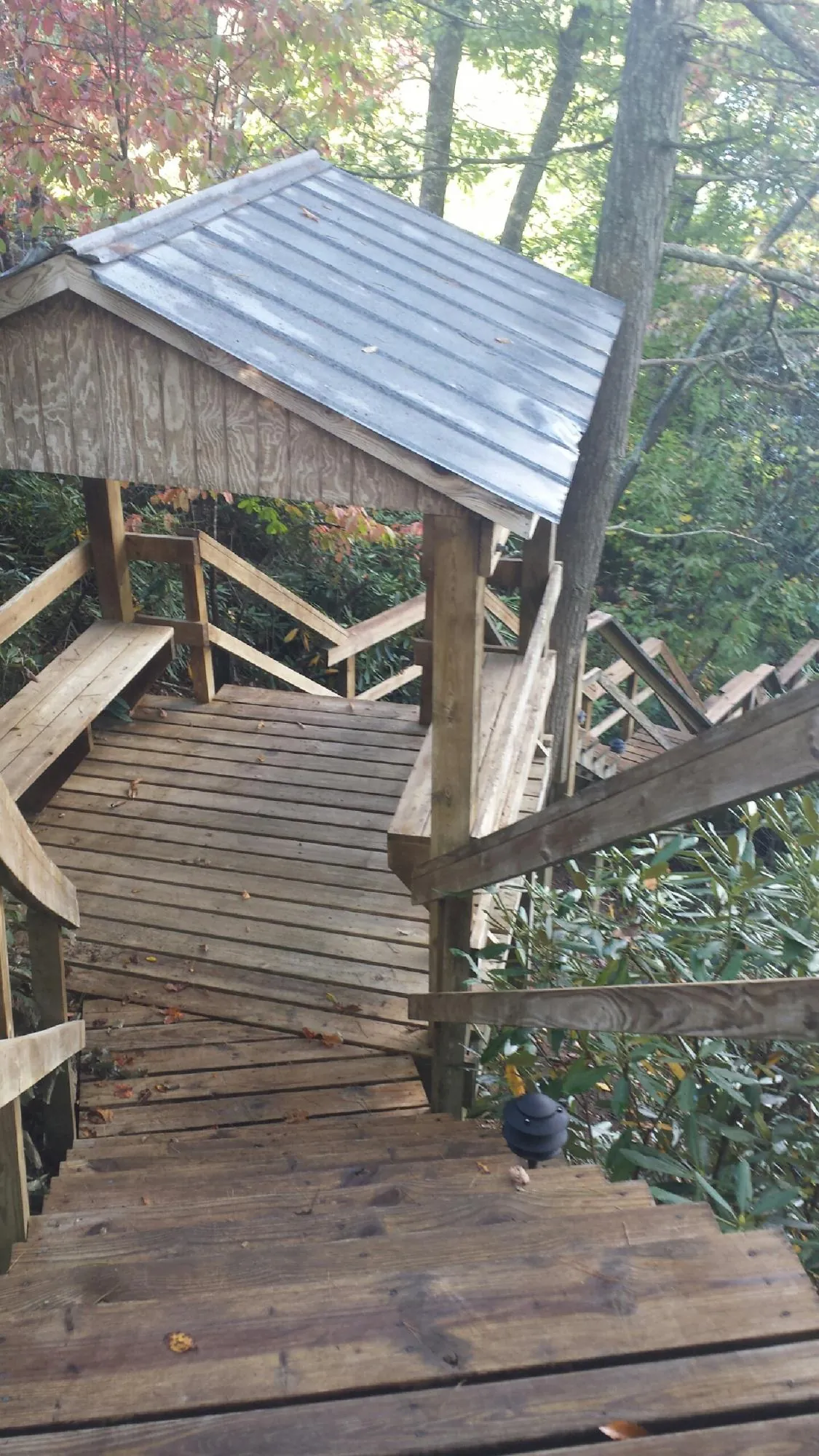 Metal roofed shelter over wooden steps on a wooded walkway — Skylight Repair & Installation work by our crew in Louisa